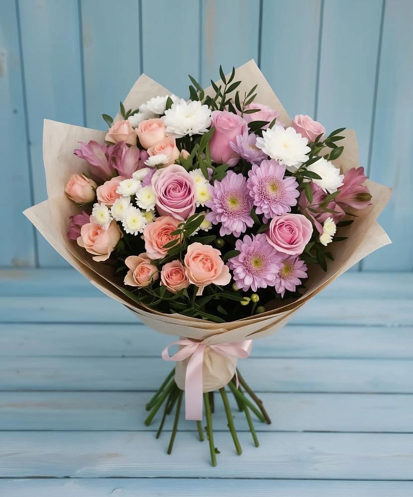 Букет цветов из: Хризантемы, Розы и Альстромерии в Серково