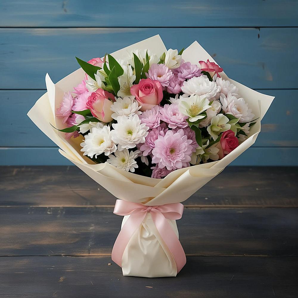 Букет цветов из: Хризантемы, Альстромерии и Розы в Серково